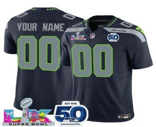 Men's Seattle Seahawks Active Player Custom Limited Navy Super Bowl LX Patch And 50TH FUSE Vapor Jersey