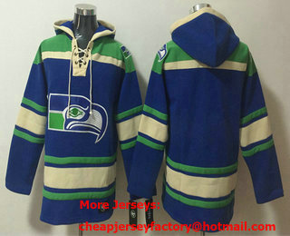 Men's Seattle Seahawks Blank Royal Ageless Must Have Lace Up Pullover Hoodie