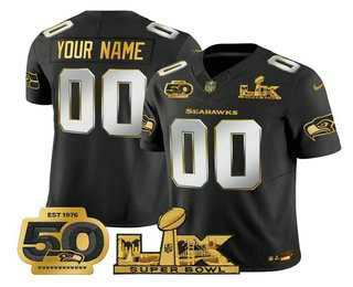 Men's Seattle Seahawks Custom Black 2026 FUSE Super Bowl LX Patch And 50th Season Patch Vapor Limited Jersey
