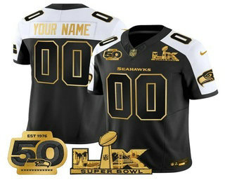 Men's Seattle Seahawks Custom Black Alternate 2026 FUSE Super Bowl LX Patch And 50th Season Patch Vapor Limited Jersey