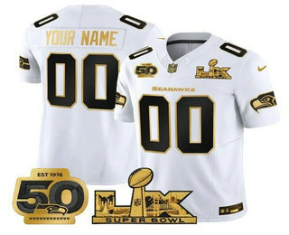 Men's Seattle Seahawks Custom White Gold 2026 FUSE Super Bowl LX Patch And 50th Season Patch Vapor Limited Jersey