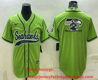 Men's Seattle Seahawks Green Team Big Logo With Patch Cool Base Stitched Baseball Jersey