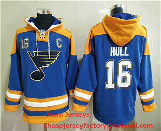 Men's St Louis Blues #16 Brett Hull Blue Ageless Must Have Lace Up Pullover Hoodie
