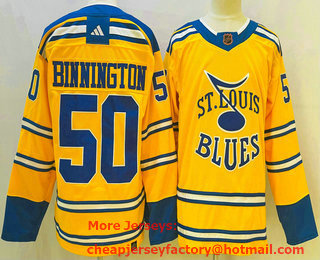 Men's St Louis Blues #50 Jordan Binnington Yellow 2022 Reverse Retro Authentic Jersey