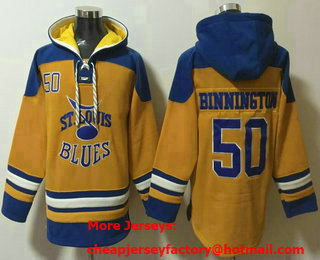 Men's St Louis Blues #50 Jordan Binnington Yellow Ageless Must Have Lace Up Pullover Hoodie