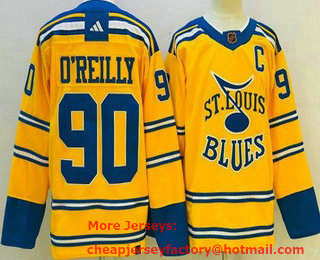 Men's St Louis Blues #90 Ryan OReilly Yellow 2022 Reverse Retro Authentic Jersey