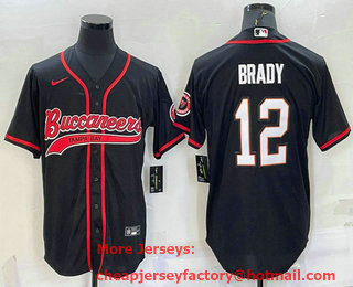 Men's Tampa Bay Buccaneers #12 Tom Brady Black Cool Base Stitched Baseball Jersey