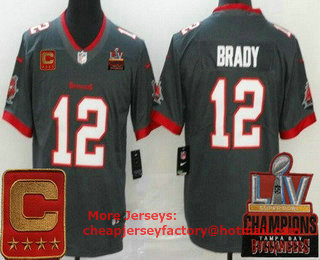 Men's Tampa Bay Buccaneers #12 Tom Brady Limited Pewter Captain Patch 2021 Super Bowl LV Champions Vapor Untouchable Jersey