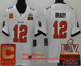 Men's Tampa Bay Buccaneers #12 Tom Brady Limited White Captain Patch 2021 Super Bowl LV Champions Vapor Untouchable Jersey