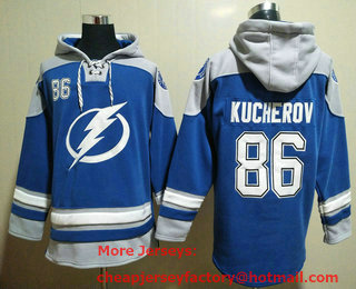 Men's Tampa Bay Lightning #86 Nikita Kucherov Blue Ageless Must Have Lace Up Pullover Hoodie