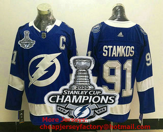 Men's Tampa Bay Lightning #91 Steven Stamkos Light Blue 2020 Stanley Cup Champions Patch Adidas Stitched NHL Jersey