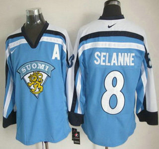 Men's Team Finland #8 Teemu Selanne Nike Light Blue Vintage Throwback Jersey