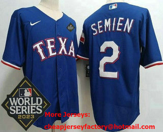 Men's Texas Rangers #2 Marcus Semien Royal Team Logo 2023 World Series Cool Base Jersey