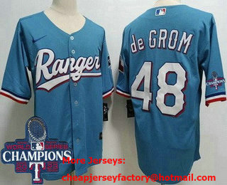 Men's Texas Rangers #48 Jacob deGrom Light Blue Team Logo 2023 World Series Champions Cool Base Jersey