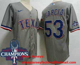 Men's Texas Rangers #53 Adolis Garcia Gray Team Logo 2023 World Series Champions Cool Base Jersey