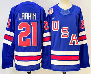 Men's USA #21 Dylan Larkin Blue 2026 Olympics Authentic Jersey