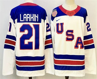 Men's USA #21 Dylan Larkin White 2026 Olympics Authentic Jersey