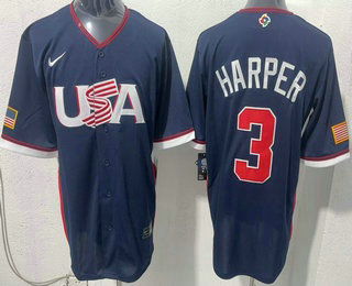 Men's USA #3 Bryce Harper Navy 2026 World Baseball Classic Cool Base Jersey