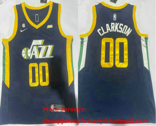 Men's Utah Jazz #00 Jordan Clarkson Navy Blue With 6 Patch Stitched Jersey With Sponsor