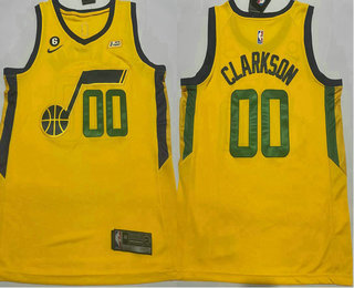 Men's Utah Jazz #00 Jordan Clarkson Navy Yellow With 6 Patch Stitched Jersey With Sponsor