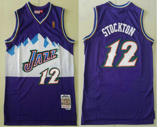 Men's Utah Jazz #12 John Stockton Mountain Purple Gold NBA logo Hardwood Classics Soul Swingman Throwback Jersey