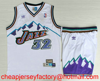 Men's Utah Jazz #32 Karl Malone Mountain White Hardwood Classics Soul Swingman Throwback Jersey With Shorts