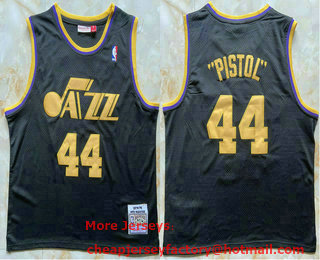 Men's Utah Jazz 44 Pistol Pete Maravich Hardwood Classics Black Throwback Swingman Jersey