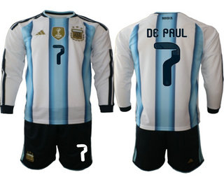 Mens Argentina National Team #7 Rodrigo De Paul Home White 2026 World Cup Soccer Long Sleeve Jersey Suit