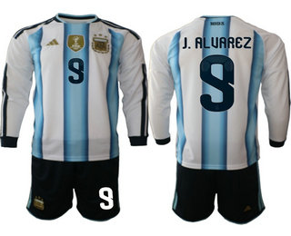 Mens Argentina National Team #9 Julian Alvarez 2026 World Cup Soccer Home White Long Sleeve Jersey Suit