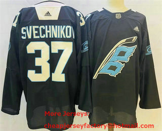 Mens Carolina Hurricanes #37 Andrei Svechnikov 2022 Black Warm up Stitched Jersey