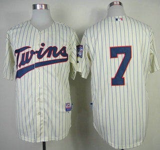 Minnesota Twins #7 Joe Mauer Cream With Blue Strip Jersey