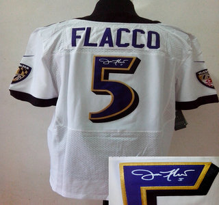 Nike Baltimore Ravens 5 Joe Flacco White Signed Elite Jersey