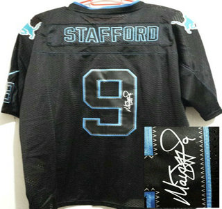 Nike Detroit Lions #9 Matthew Stafford Black Lights Out Signed Elite Jersey