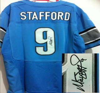 Nike Detroit Lions #9 Matthew Stafford Blue Signed Elite Jersey