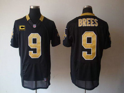 Nike New Orleans Saints 9 Drew Brees  Black With Gold C Patch Elite Jersey
