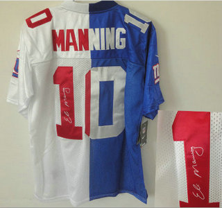 Nike New York Giants #10 Eli Manning Blue and White Split Signed Jersey