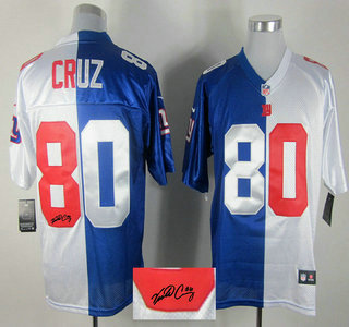 Nike New York Giants #80 Victor Cruz Blue and White Split Elite Signed Jerseys