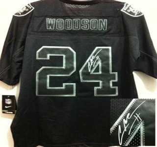 Nike Oakland Raiders #24 Charles Woodson Elite Light Out Black Signed Jersey