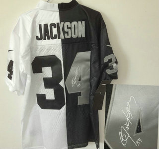 Nike Oakland Raiders #34 Bo Jackson Black and White Split Signed Jersey
