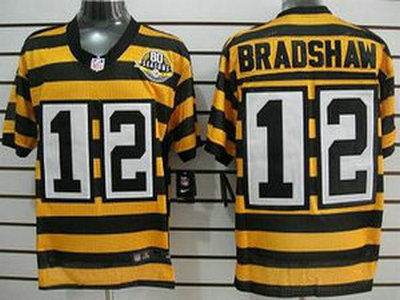 Nike Pittsburgh Steelers 12 Terry Bradshaw Yellow With Black Throwback 80TH Jersey