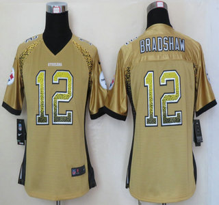 Nike Pittsburgh Steelers #12 Terry Bradshaw Drift Fashion Gold Elite Womens Jersey