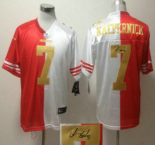 Nike San Francisco 49ers #7 Colin Kaepernick Gold Name Red And White Split Elite Signed Jersey