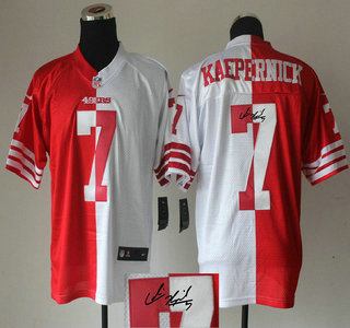Nike San Francisco 49ers #7 Colin Kaepernick Red And White Split Elite Signed Jersey