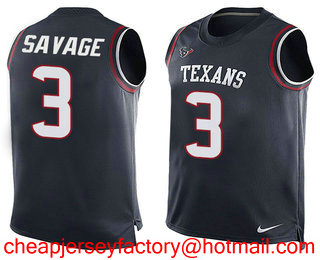 Nike Texans #3 Tom Savage Navy Blue Team Color Men's Stitched NFL Limited Tank Top Jersey