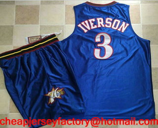 Philadelphia 76ers #3 Allen Iverson Blue Hardwood Classics Soul Swingman Throwback Jersey With Shorts