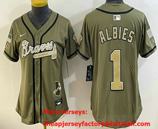 Women's Atlanta Braves #1 Ozzie Albies Olive 2026 Armed Forces Day Jersey