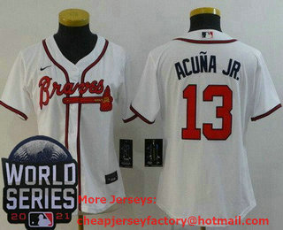 Women's Atlanta Braves #13 Ronald Acuna Jr White 2021 World Series Stitched Cool Base Nike Jersey