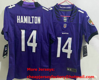 Women's Baltimore Ravens #14 Kyle Hamilton Limited Purple Vapor Jersey
