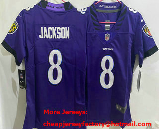 Women's Baltimore Ravens #8 Lamar Jackson Limited Purple Vapor Jersey