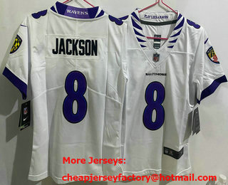 Women's Baltimore Ravens #8 Lamar Jackson Limited White Vapor Jersey